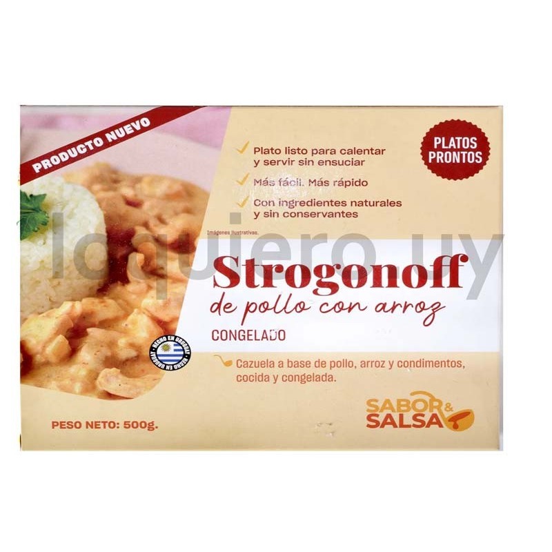 Plato strogonoff pollo y arroz.
